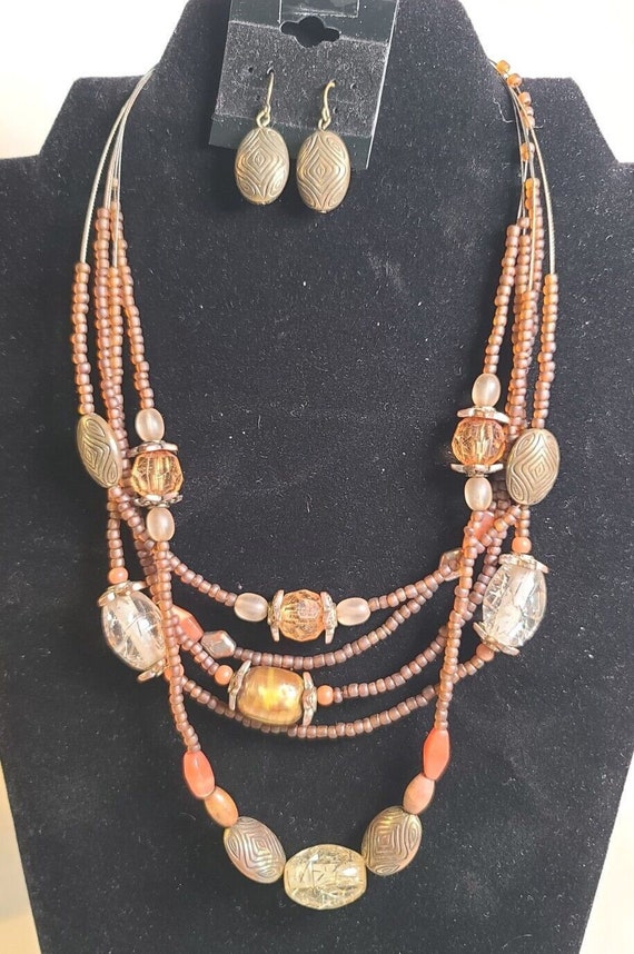 Vintage Bronze Tone Beaded Necklace  And Matching 