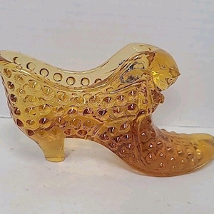 Amber Cat Head Hobnail Shoe Slipper Vintage Fenton Art Glass