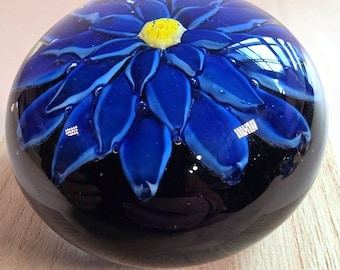Art Deco Glass Paperweight 3"x2" Blue & Yellow Giant Coneflower w/ Blue Base