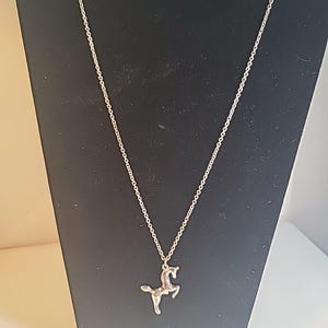 Könnte beinhalten: Eine silberfarbene Halskette mit einem Pferdeanhänger. Das Pferd ist in einer aufbäumenden Position dargestellt, und die Kette ist ein filigranes, verbundenes Design. Die Halskette wird auf einem schwarzen Ständer vor neutralem Hintergrund präsentiert.