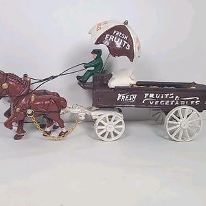 Vintage Gusseisen Pferd gezeichnet Gemüse Obst Hausierer Wagen Warenkorb Regenschirm