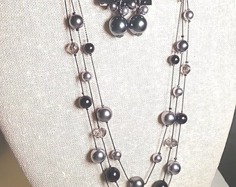 Vintage Silver & Black and Crystal Beaded  Necklace And  Earrings Jewelry Set