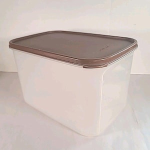 Puede incluir: Un recipiente rectangular de plástico transparente para guardar alimentos con tapa marrón. El recipiente tiene un diseño sencillo, adecuado para la cocina. La tapa encaja perfectamente, asegurando que el contenido se mantenga fresco. Ideal para guardar alimentos secos o sobras.