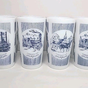 Set Of 8 Vintage Hazel Atlas Currier & Ives Summertime Milk Glass Tumblers 10oz