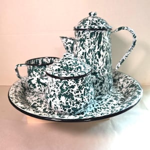 Vintage 6 Pc. Green & White Swirl Enamelware Set Coffee Pot Tray Sugar Creamer