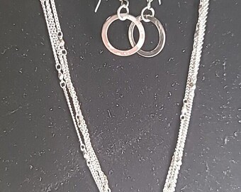 Vintage Silver Hoop With 4 strand  Silvertone Necklace & Earrings Set Classy