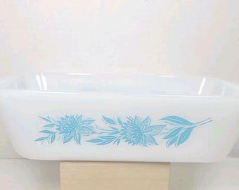 Vintage Glasbake Blau Türkis Distel Milchglas Kastenform J-522
