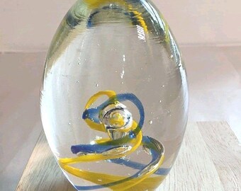 Vintage Art Glass Blue Yellow & Clear Spiraling Helix in Egg Paperweight