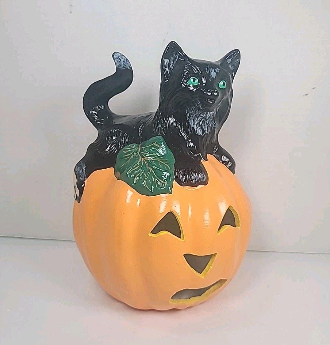 Vintage 80s Halloween Ceramic Black Cat on Jack-o'-lantern - Etsy