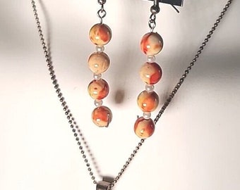 Vintage Orange & Yellow Silvertone Necklace And  Earrings Jewelry Set