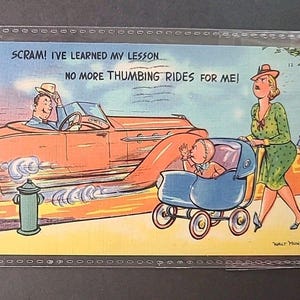 VTG Scram! Aprendi minha lição.. Mulher com carrinho de bebê irritada com homem cartão postal