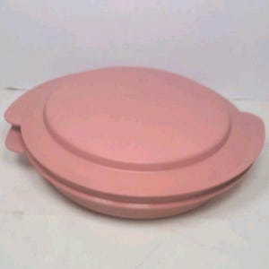 Könnte beinhalten: Ein rosa, ovaler Tupperware-Deckel mit erhöhtem Mittelteil und zwei seitlichen Laschen. Der Deckel besteht aus massivem, mattem Kunststoff. Das Design ist einfach und funktional, geeignet für die Aufbewahrung von Lebensmitteln.
