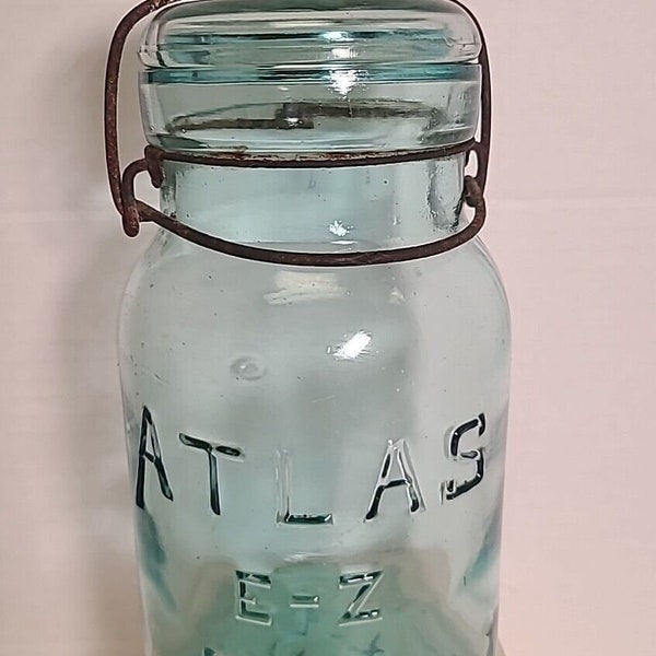 Antique Light Blue Quart Atlas E-Z Seal Glass Canning Jar With Matching Lid