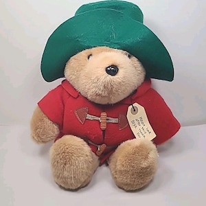 Vintage Plush Paddington Bear with Tag by Eden Toys Green Hat Red Coat 16
