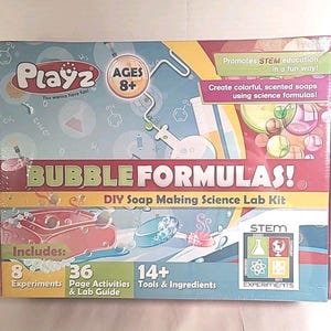 May include: A colorful Playz Bubble Formulas DIY soap making science lab kit for ages 8+. The box includes 8 experiments, 36 page activities & lab guide, and 14+ tools & ingredients. The kit promotes STEM education and allows users to create colorful, scented soaps using science formulas.