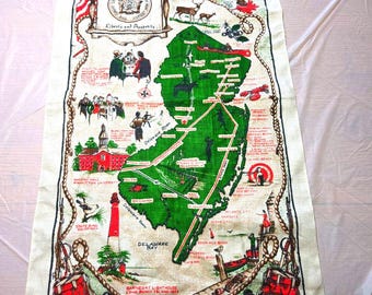 Neue, ungetragene Vintage-Küchenhandtücher aus Leinen mit New-Jersey-Landkarte und Kay-Dee-Handabdrücken, 30 x 17 Zoll