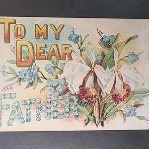 Cartão postal vintage Saudações ao meu querido pai Flores azuis em relevo NÃO POSTADO