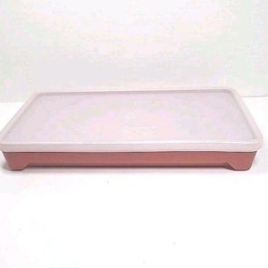 May include: A rectangular food storage container with a light pink lid and a reddish-brown base. The container is made of plastic and has a simple, clean design. The lid fits snugly on the base, creating an airtight seal. The container is empty.