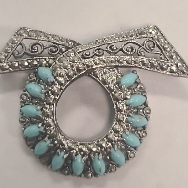 1940-1950s H Pomerantz NY Vintage Brooch Silver Tone Turquoise