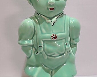 Vintage Green Glazed Ceramic Boy Planter Large 9 1/4 Tall