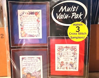 Vintage Bucilla-set van 3 Grace Samplers van 8 x 10 inch, elk gestempeld borduurpakket