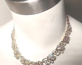 Stunning Vintage CORO Necklace w Aurora Borealis crystals Silvertone Wedding