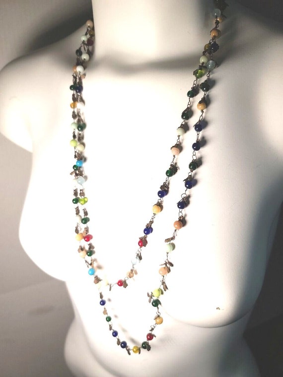 Antique 64" Multicolor Glass Bead & Wire Necklace 