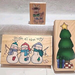 3 Christmas Patchwork Wooden Rubber Stamps Snowman Jingle All The Way stamping