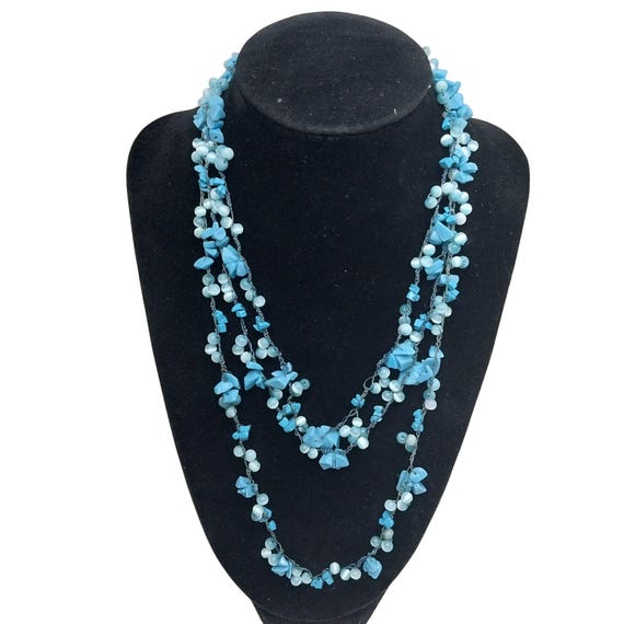 Handcrafted Multi-Strand Blue Shell Chip Beaded N… - image 1