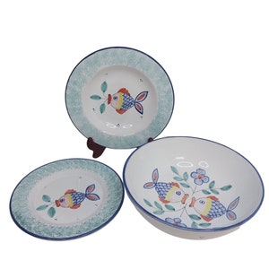 Deruta Italy Filli Mari Hand Painted Fish Pattern Dinnerware Set Bowls Plate