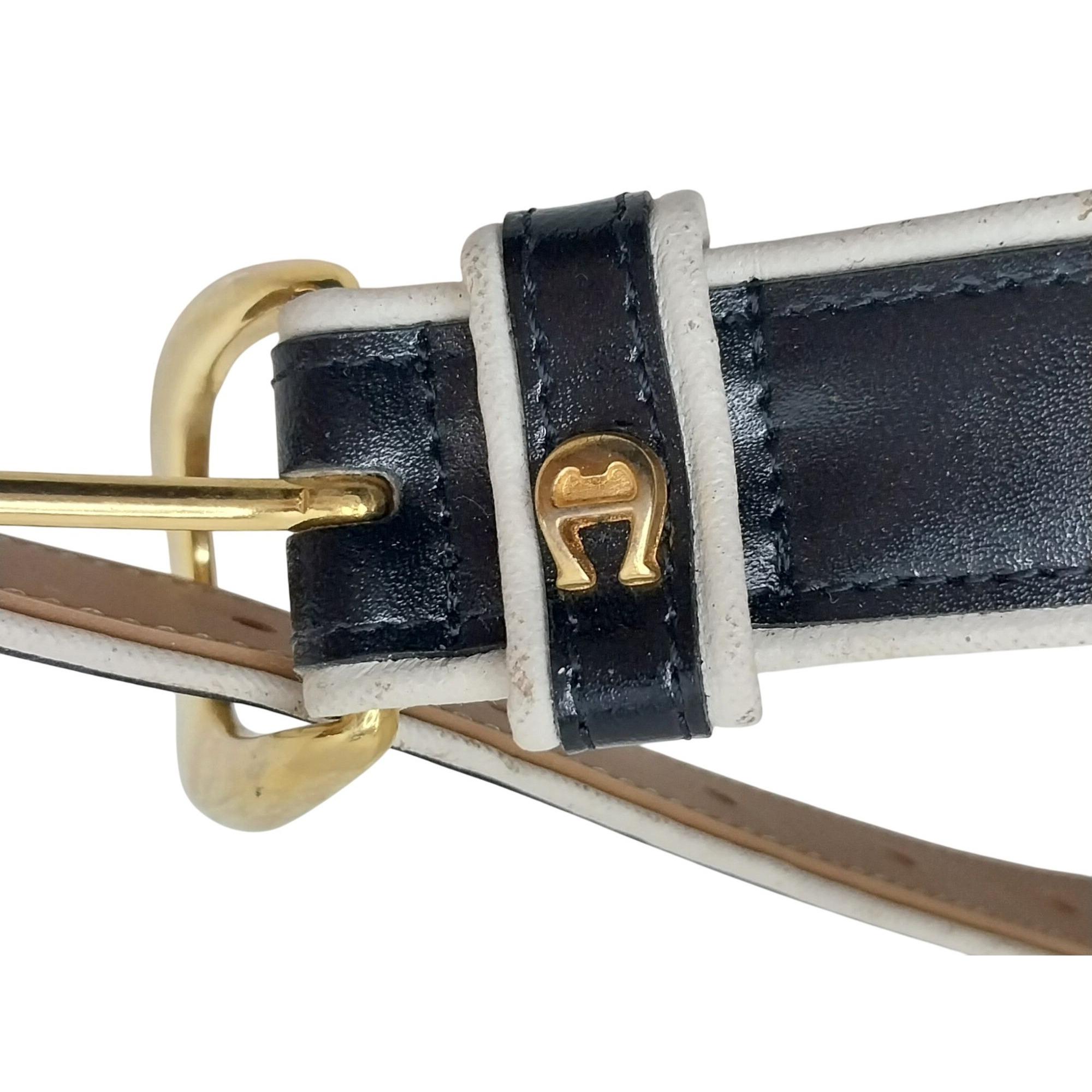 Etienne Aigner Black & White Leather Belt With Gold-tone
