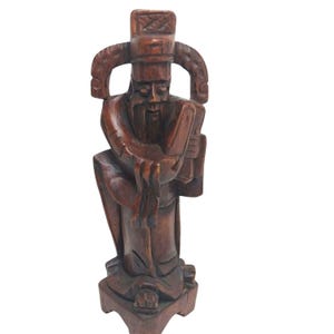 Hand-Carved Wooden Asian Figurine Of Wise Man Holding Scroll 9.5&quot;