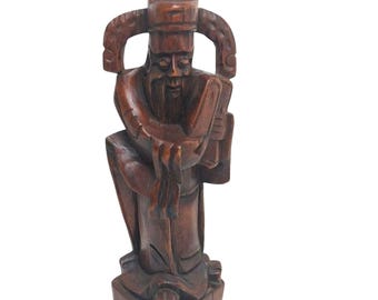 Hand-Carved Wooden Asian Figurine Of Wise Man Holding Scroll 9.5"