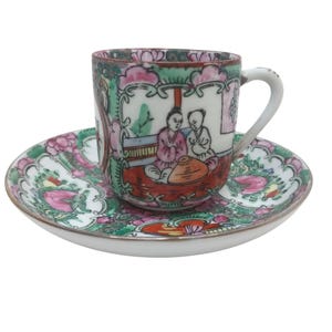 Vintage Chinese Famille Rose Medallion Porcelain Demitasse Cup & Saucer Set