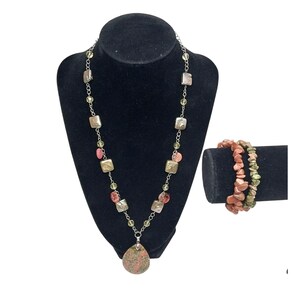 Unakite Jasper Pendant Necklace Bracelets Set Shell & Abalone Beads 10K GP Bale