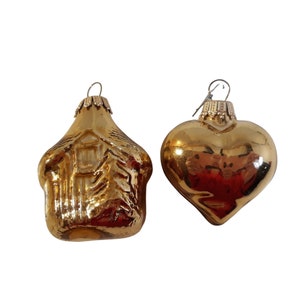 Kurt Adler Gold Glass Christmas Ornaments House & Heart Lot of 2