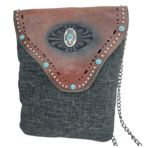Cartera cruzada de tweed de piel sintética con correa de cadena estilo boho chic estilo western con solapa con tachuelas