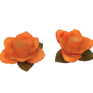 Capodimonte Orange Roses Candle Stick Holders Chamber Sticks Made in Italy Pair