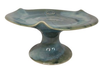 Colm De Ris Ceramic Pedestal Cake Stand Ireland Celtic Blue & Green