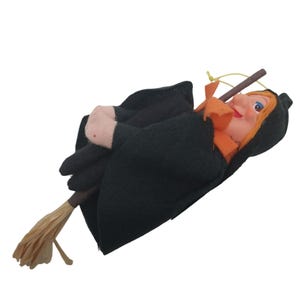 Vintage Knee Hugger Witch Hanging Rubber Face Ornament Decoration Broomstick 8&quot;
