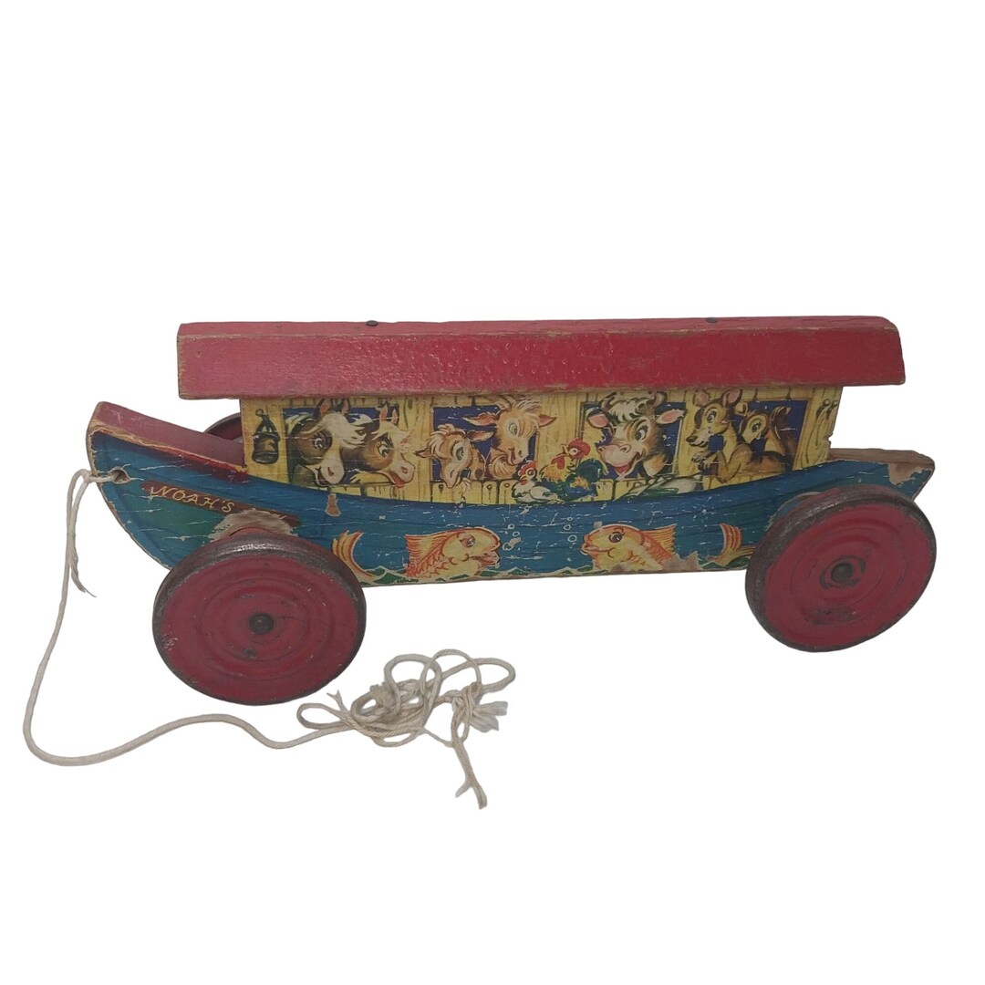 Vintage Gong Bell Noahs Ark Wooden Tin Pull Toy Etsy
