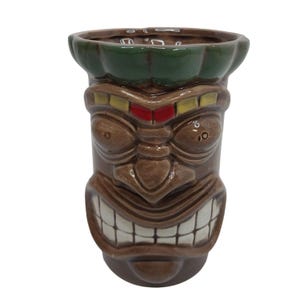 Tiki Mug Ceramic Polynesian Style Brown & Green Barware Hawaiian Man Cave