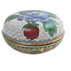 VTG Cloisonné Trinket Jewelry Box Blue Red Floral Design Enameled Brass Round