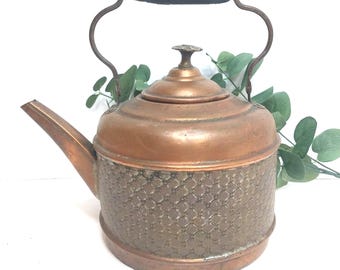 Antique Copper & Brass Teapot Black Wooden Handle