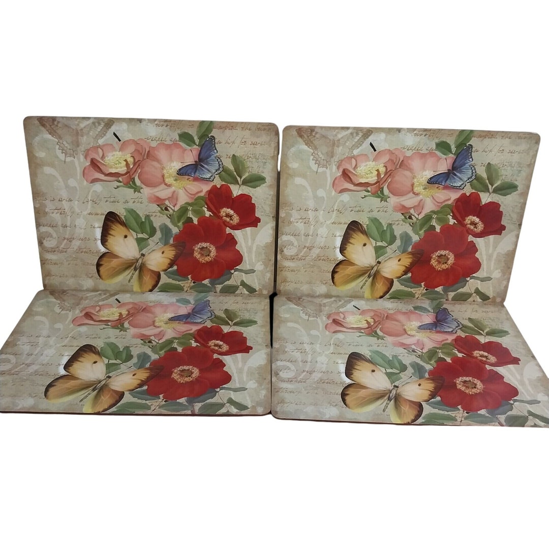 Pimpernel Cork Backed Placemats Set of 4 Butterflies Pink Red Flowers
