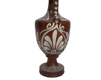 Vintage Grecian Ceramic Vase Jug Ewer Hand Made in Greece Brown & Cream