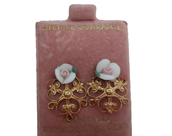 Vtg Earrings Pink & White Porcelain Flowers Victorian Style Mother&#39;s Day Gift