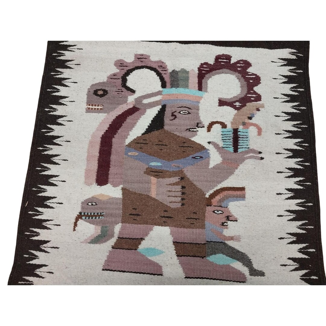 Vintage Zapotec Tapestry Rug Wool Mexican Aztec Mayan Fringed Tribal 41 ...