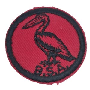 May include: A red embroidered patch with a black outline. The patch features a black embroidered pelican standing on a rock with the word "BSA" embroidered below it.