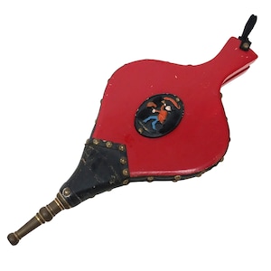 Red Bellows Fireplace Stoker Wood & Black Leather with Brass Nozzle